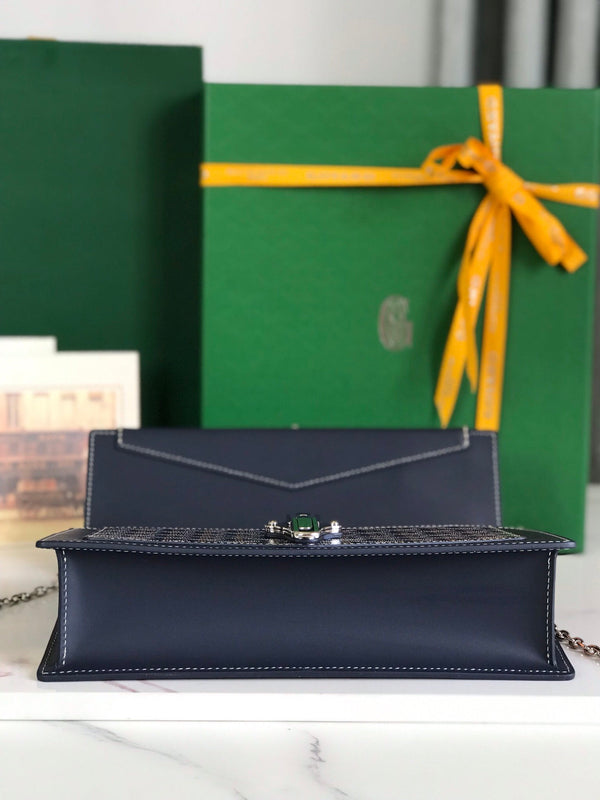 BORSA DUCHESSE MARIE-CAROLINE 25 IN TELA GOYARDINE BLU NAVY E PELLE DI VITELLO LISCIA