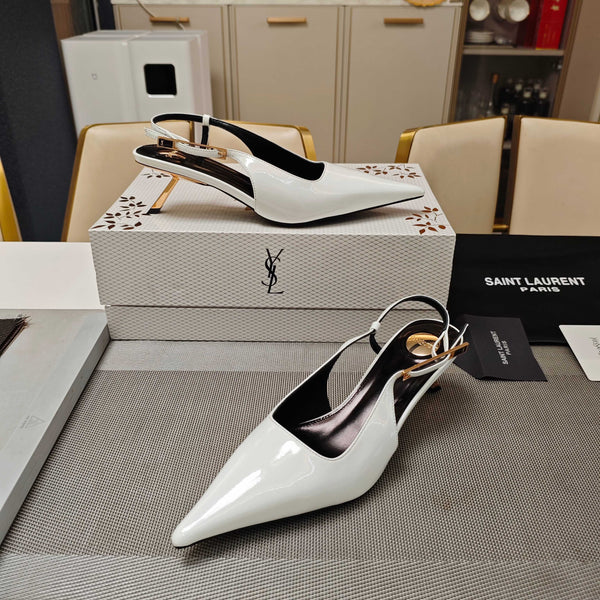 YSL Babylone Slingback 5.5cm White Glossy Leather