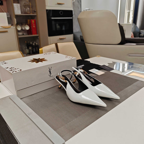 YSL Babylone Slingback 5.5cm White Glossy Leather