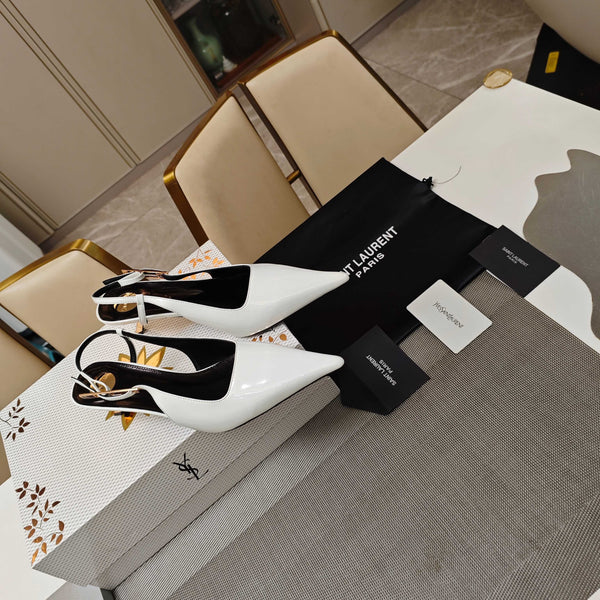 YSL Babylone Slingback 5.5cm White Glossy Leather