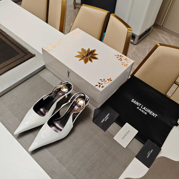 YSL Babylone Slingback 5.5cm White Glossy Leather