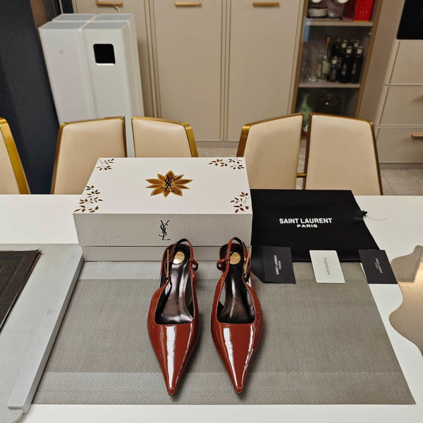 YSL Babylone Slingback 5.5cm Brown Glossy Leather