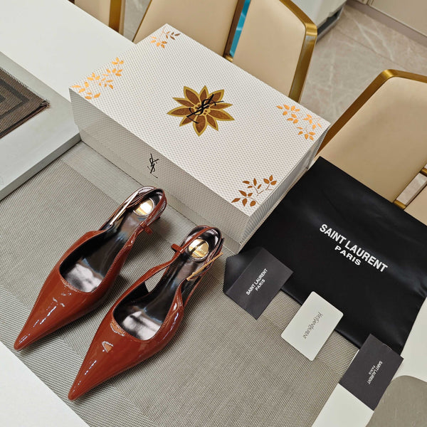 YSL Babylone Slingback 5.5cm Brown Glossy Leather