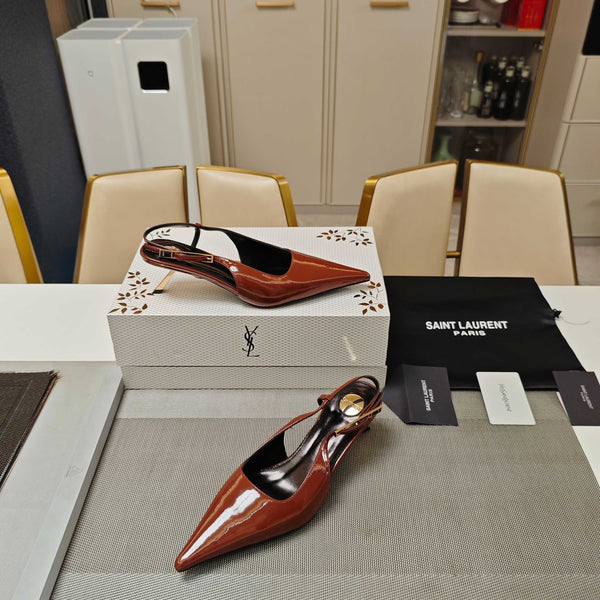 YSL Babylone Slingback 5.5cm Brown Glossy Leather