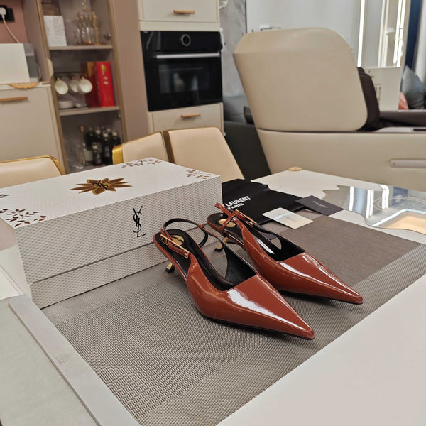 YSL Babylone Slingback 5.5cm Brown Glossy Leather