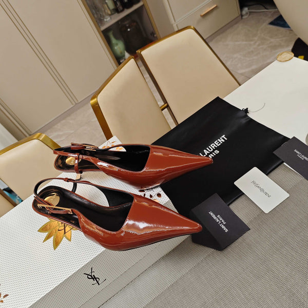 YSL Babylone Slingback 5.5cm Brown Glossy Leather