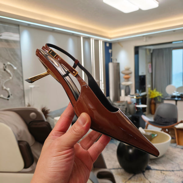 YSL Babylone Slingback 5.5cm Brown Glossy Leather