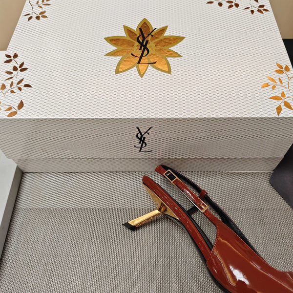 YSL Babylone Slingback 5.5cm Brown Glossy Leather