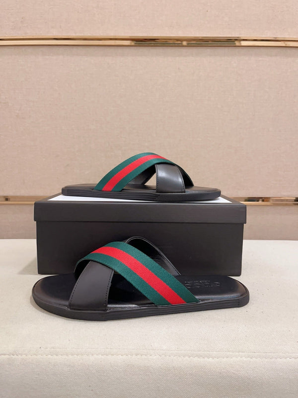 GG Men's Web Slide Black Green Cowhide 554606