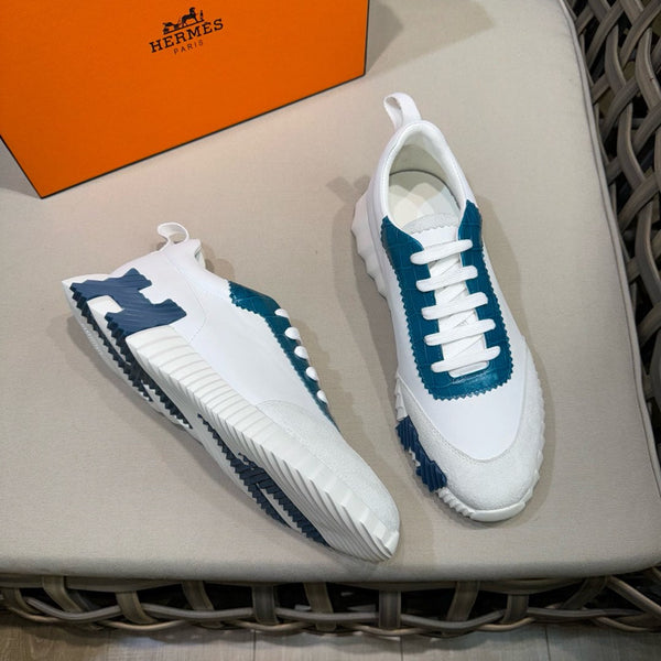 HM Men's Bouncing Sneaker White Blue Calfskin Suede