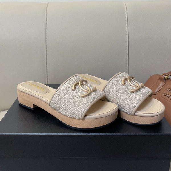 sandalo mule cc 45 in tweed grigio pelle di vitello beige
