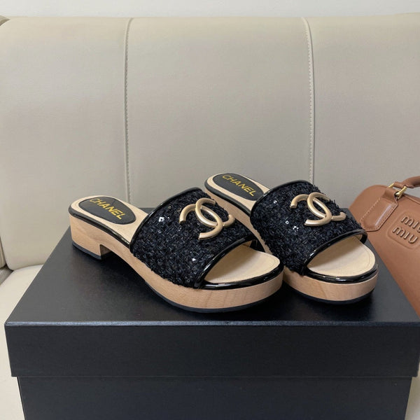 sandalo mule cc 45 in tweed nero in pelle di vitello beige