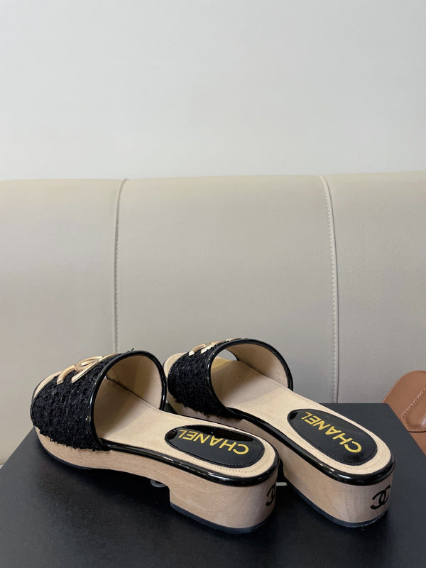 sandalo mule cc 45 in tweed nero in pelle di vitello beige