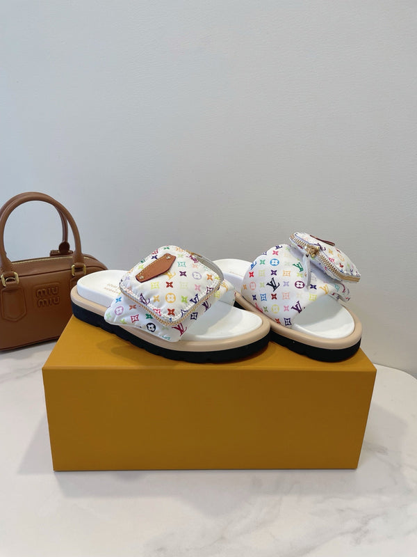 LV x TM Pool Pillow Flat Comfort Mule White and Multicolored Monogram Nylon 241328