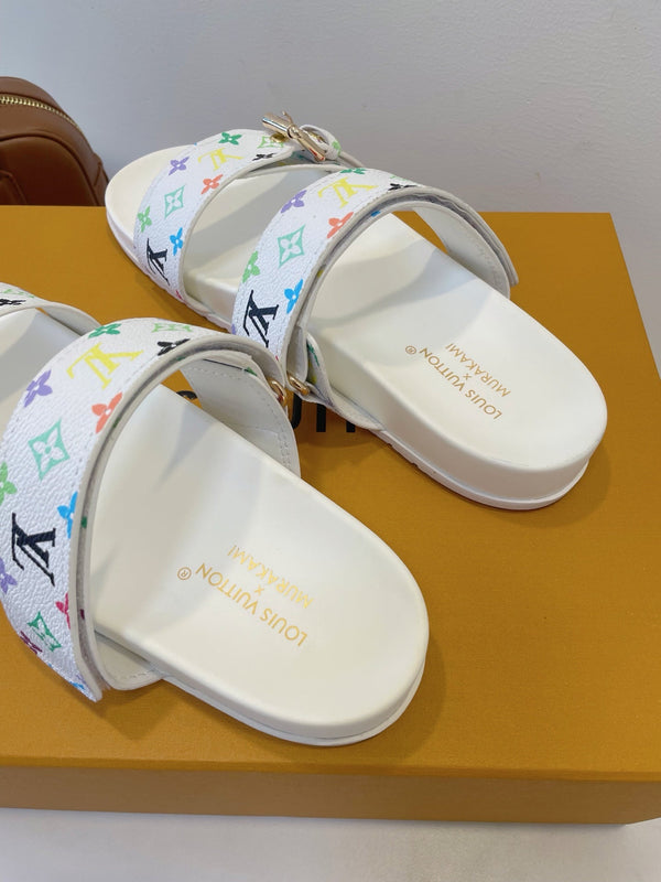 Bom Dia Flat Comfort Mule White and Multicolored Monogram Canvas 241334