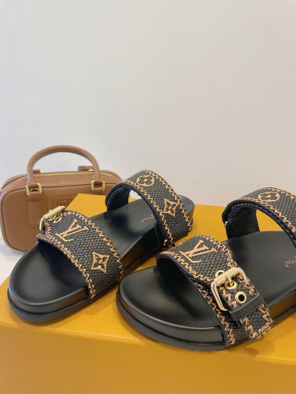 Bom Dia Flat Comfort Mule Marrone Nero Monogramma Stampa in Rilievo Classico 241335