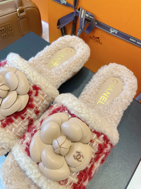 CC 25C Logo Slippers 50mm Multicolor Shearling Wood Sheepskin 423694