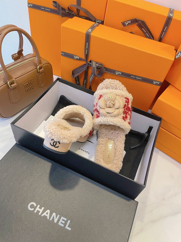 CC 25C Logo Slippers 50mm Multicolor Shearling Wood Sheepskin 423694