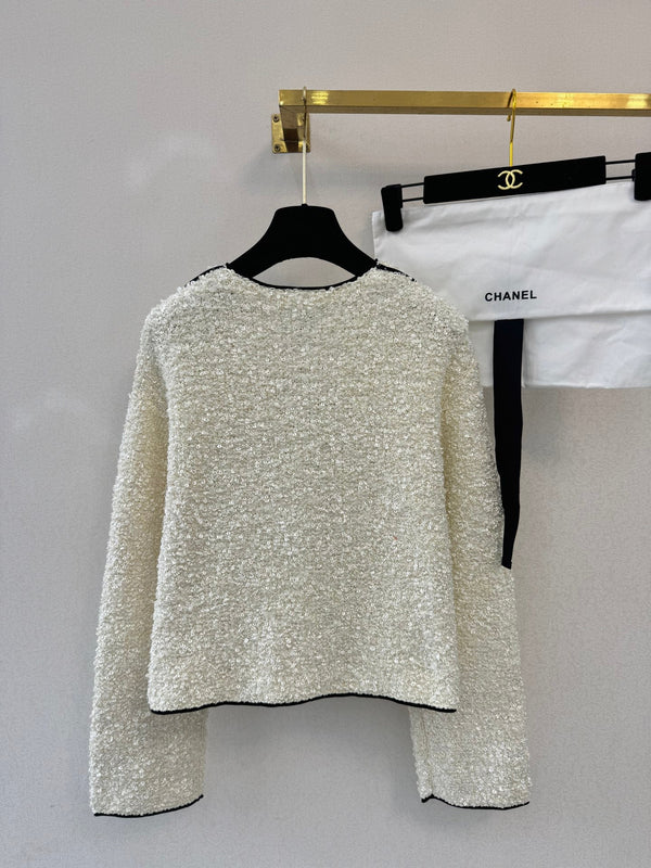 Cardigan Col Rond Manches Longues Tissu Bouclé Blanc 364287