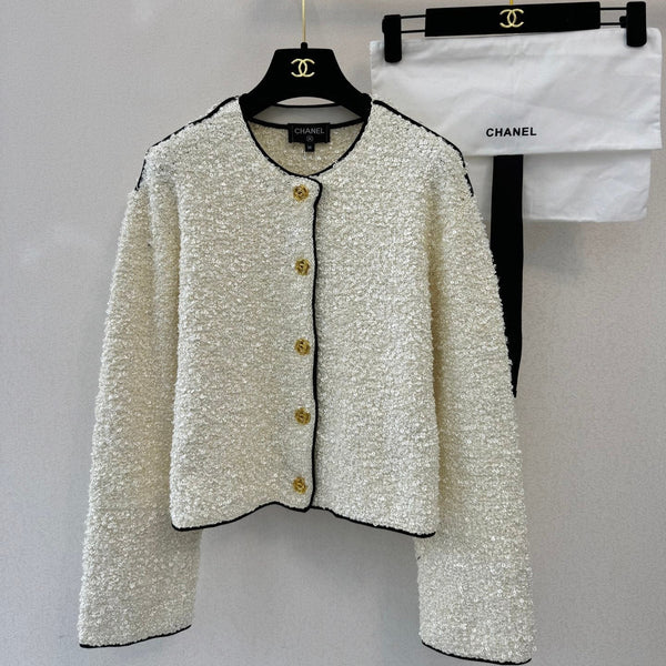 Cardigan Col Rond Manches Longues Tissu Bouclé Blanc 364287