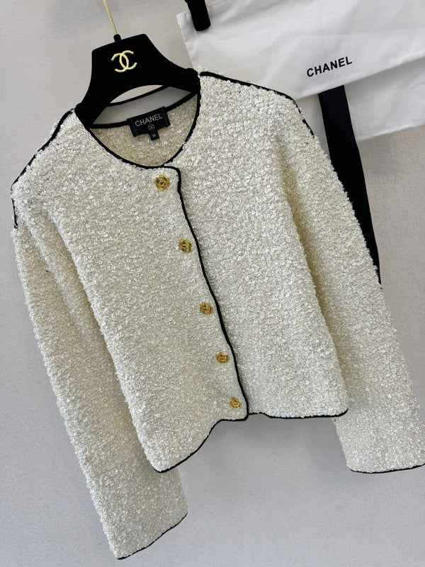 Cardigan Col Rond Manches Longues Tissu Bouclé Blanc 364287