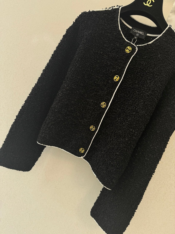 CC 26s Neck Long Sleeved Cardigan Black Tweed 364286