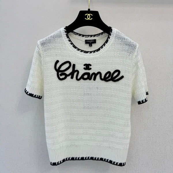 Chanel 2026 Chemise Manches Courtes Logo Brodé Laine Blanche Noire 364270