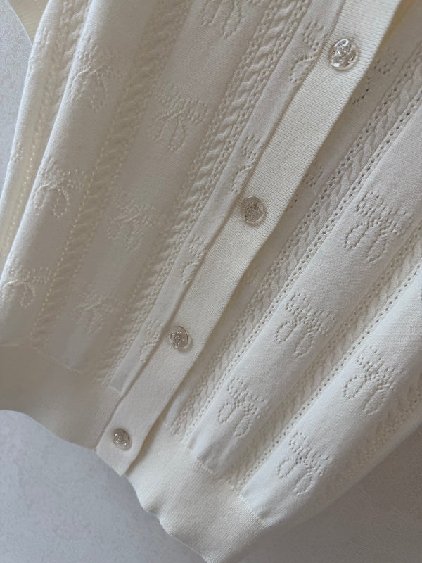 CC Crew Neck Short-Sleeved Cardigan White Cotton Silk 394825
