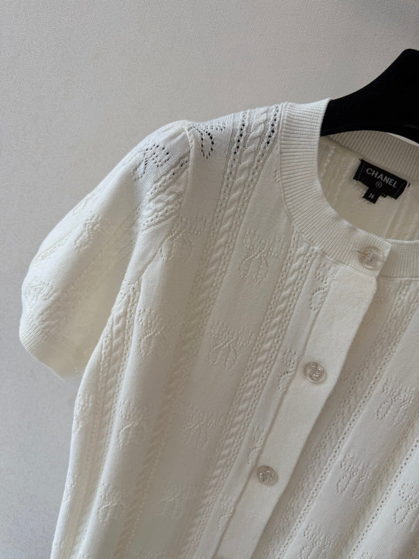 CC Crew Neck Short-Sleeved Cardigan White Cotton Silk 394825