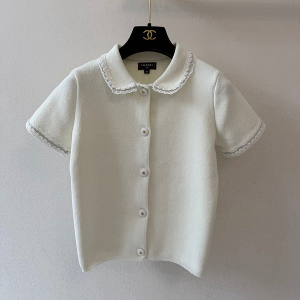 CC Collared Short-Sleeved Cardigan White Cotton Silk 394827