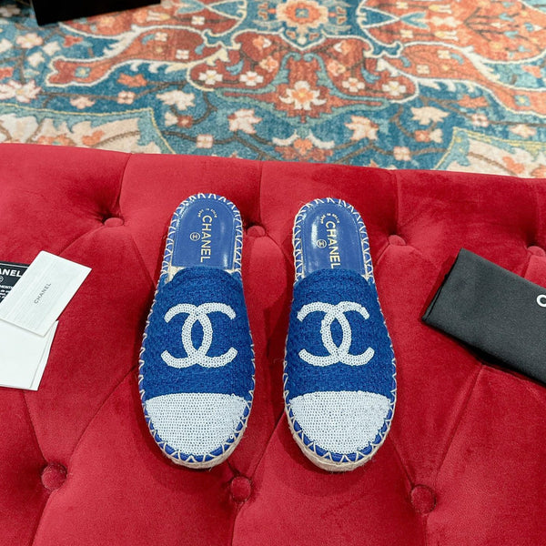 cc espadrillas mule blu tweed bianco paillettes