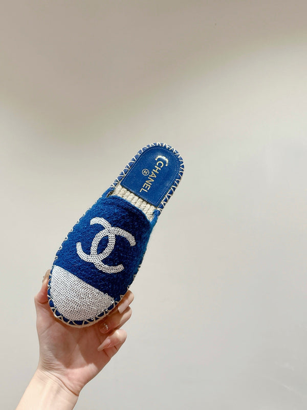 cc espadrillas mule blu tweed bianco paillettes