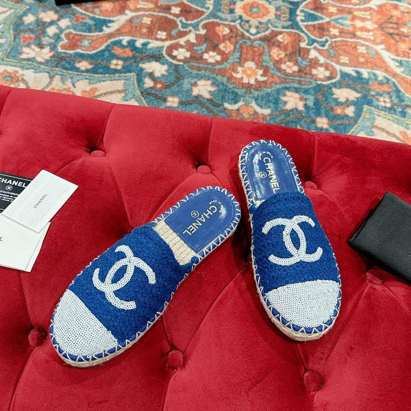 cc espadrillas mule blu tweed bianco paillettes