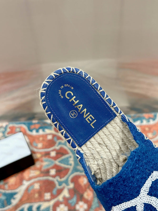 cc espadrillas mule blu tweed bianco paillettes