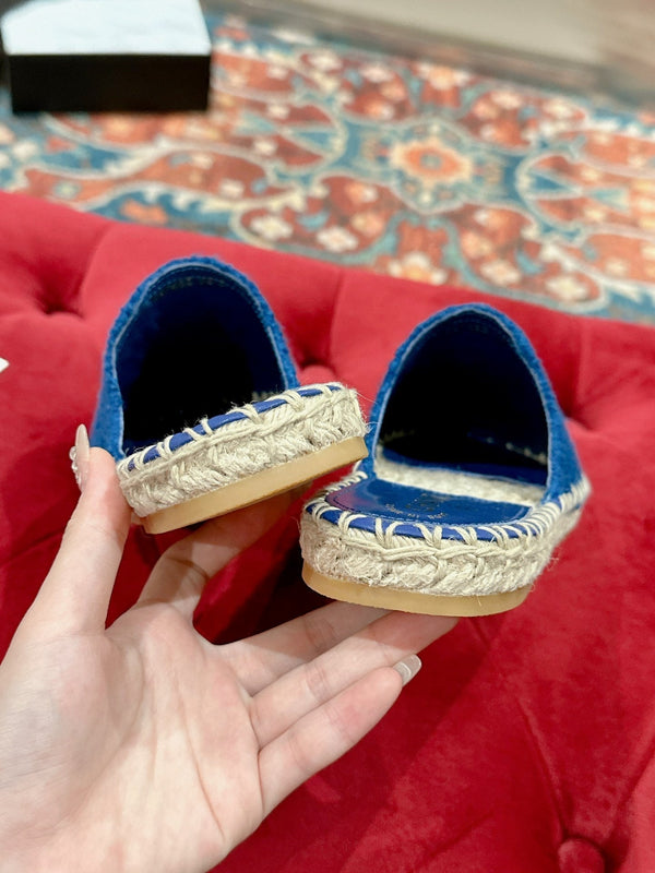 cc espadrillas mule blu tweed bianco paillettes