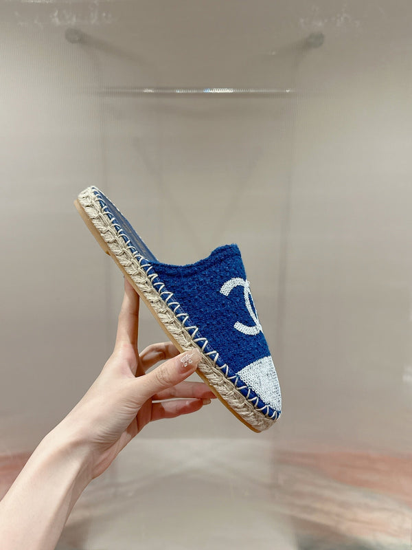cc espadrillas mule blu tweed bianco paillettes