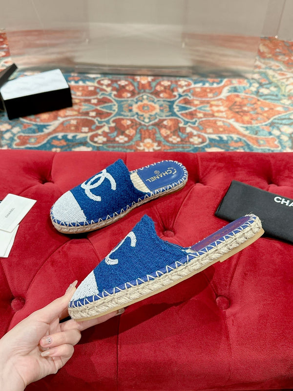 cc espadrillas mule blu tweed bianco paillettes