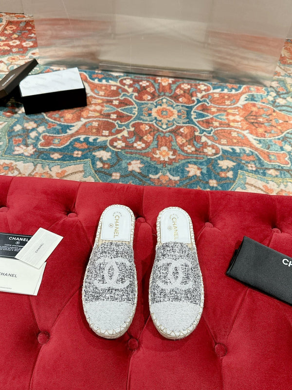 cc espadrilles mule grey fabric white sequin