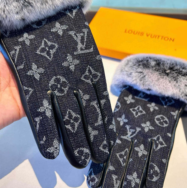 FINGERLESS GLOVES IN BLACK MONOGRAM DENIM AND LAMBSKIN WITH RABBIT FUR 458590