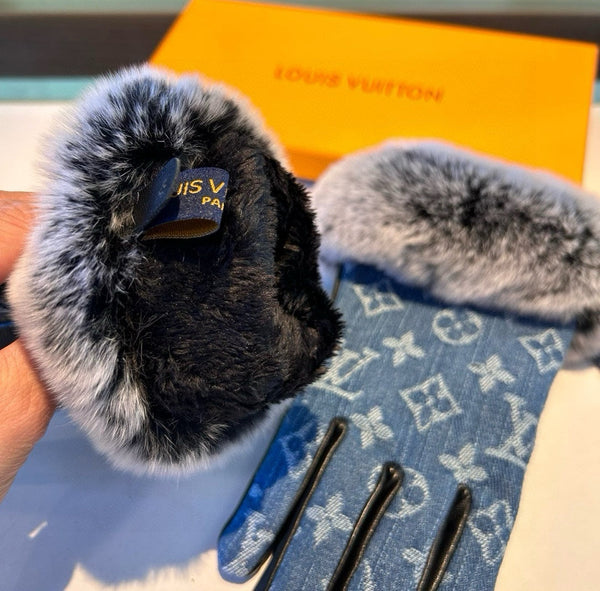 FINGERLESS GLOVES IN ELECTRIC BLUE MONOGRAM DENIM AND LAMBSKIN WITH RABBIT FUR 458591
