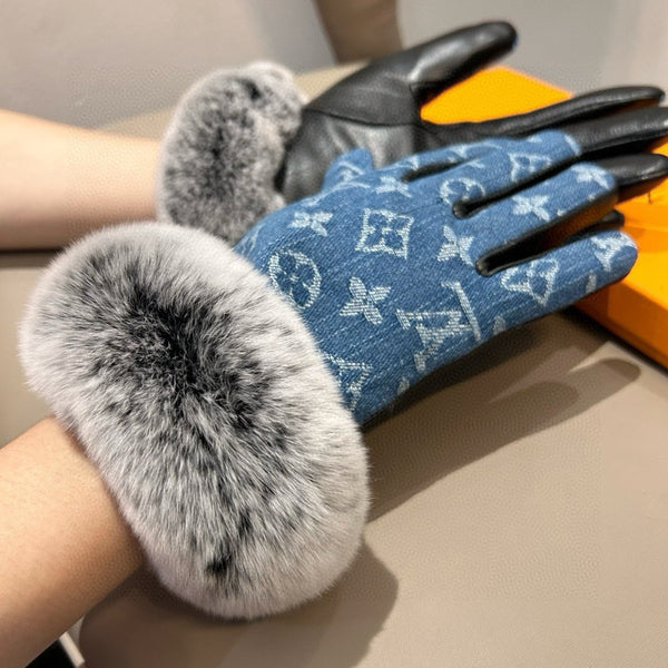 FINGERLESS GLOVES IN ELECTRIC BLUE MONOGRAM DENIM AND LAMBSKIN WITH RABBIT FUR 458591