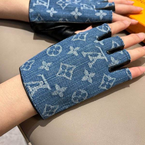 FINGERLESS GLOVES IN ELECTRIC BLUE MONOGRAM DENIM AND BLACK LAMBSKIN 460107