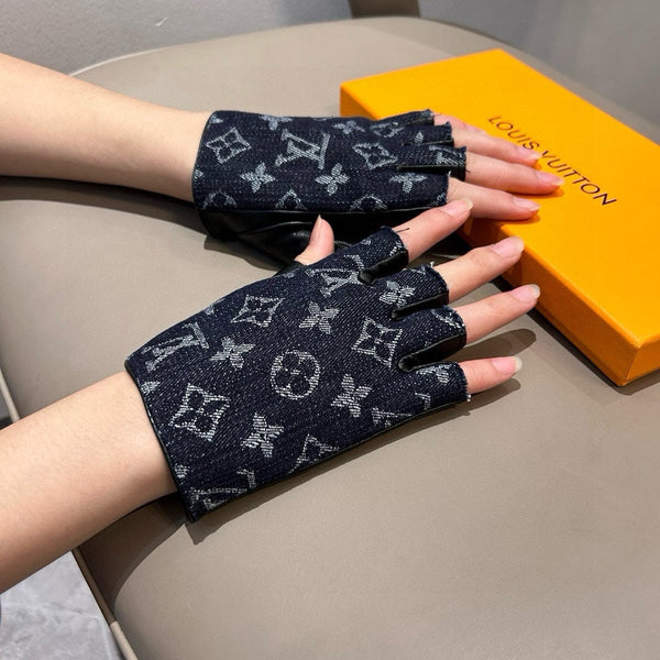 FINGERLESS GLOVES IN BLACK MONOGRAM DENIM AND LAMBSKIN 460108