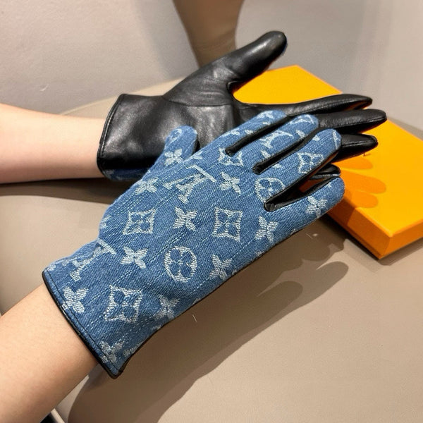 GLOVES IN ELECTRIC BLUE MONOGRAM DENIM AND BLACK LAMBSKIN 460110