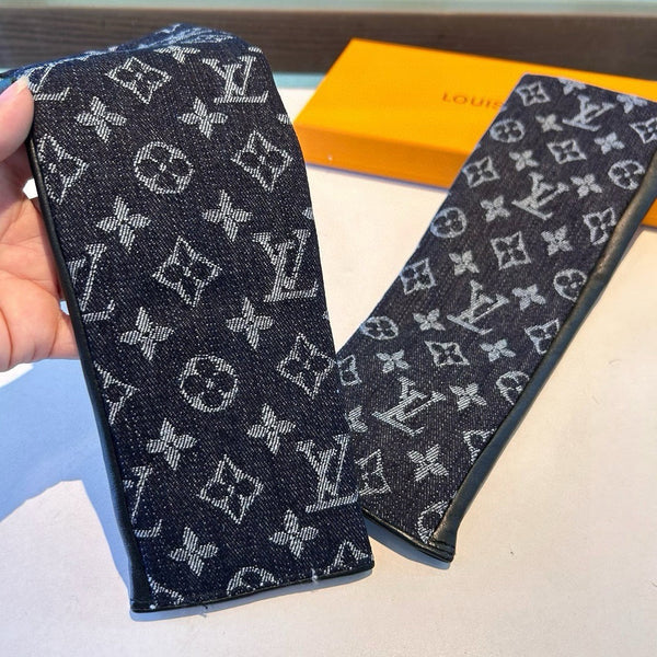 FINGERLESS LONG GLOVES IN BLACK MONOGRAM DENIM AND LAMBSKIN