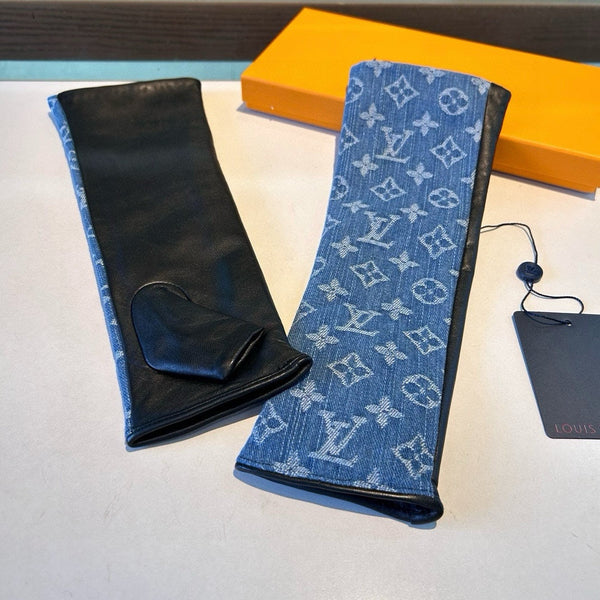 FINGERLESS LONG GLOVES IN AZURE BLUE MONOGRAM DENIM AND BLACK LAMBSKIN