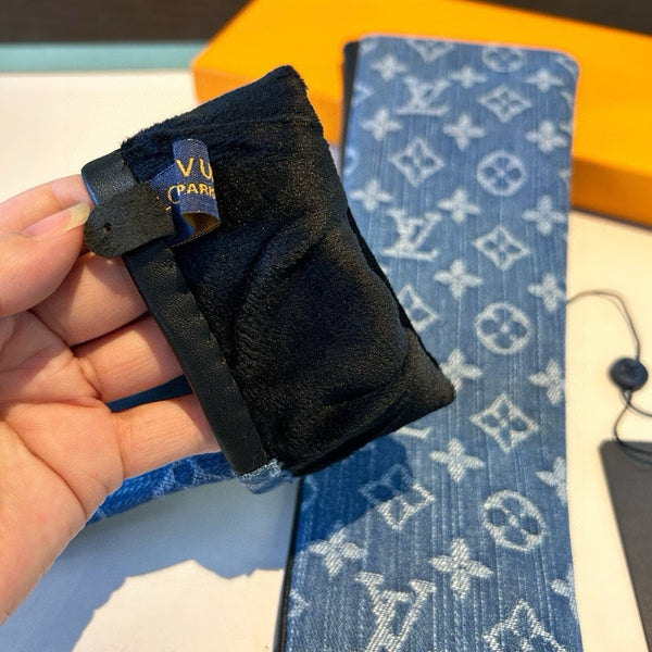 FINGERLESS LONG GLOVES IN AZURE BLUE MONOGRAM DENIM AND BLACK LAMBSKIN