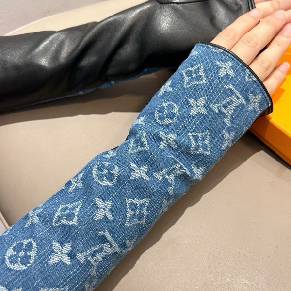 FINGERLESS LONG GLOVES IN AZURE BLUE MONOGRAM DENIM AND BLACK LAMBSKIN