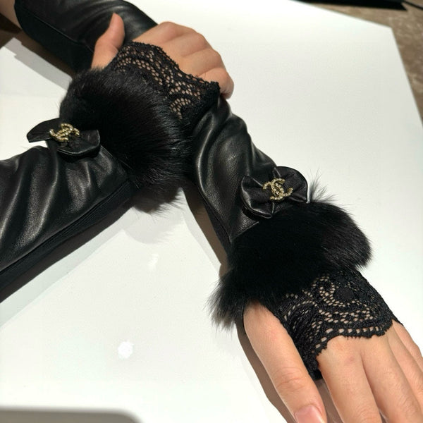 FINGERLESS LONG GLOVES IN BLACK LAMBSKIN WITH RABBIT FUR 465798