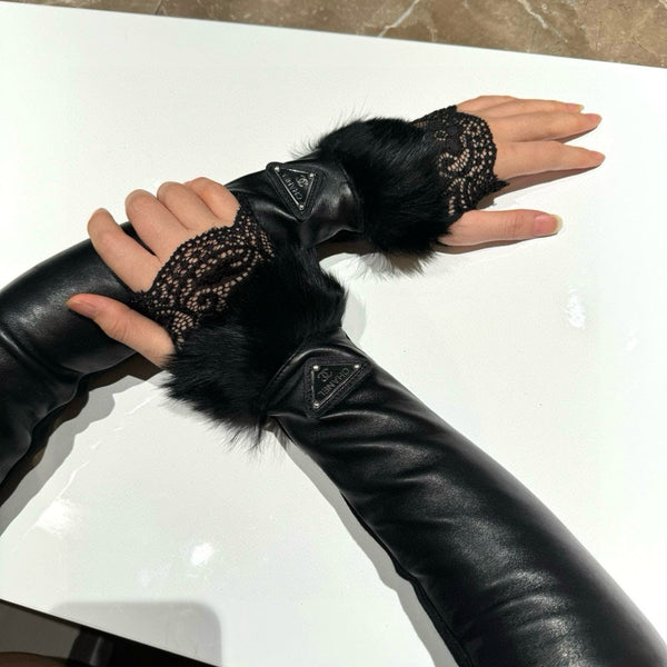 FINGERLESS LONG GLOVES IN BLACK LAMBSKIN WITH RABBIT FUR 465799